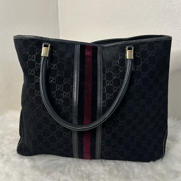 Gucci GG Sherry Line Black Suede Tote w/Red Velvet Stripe - Picture 7 of 16